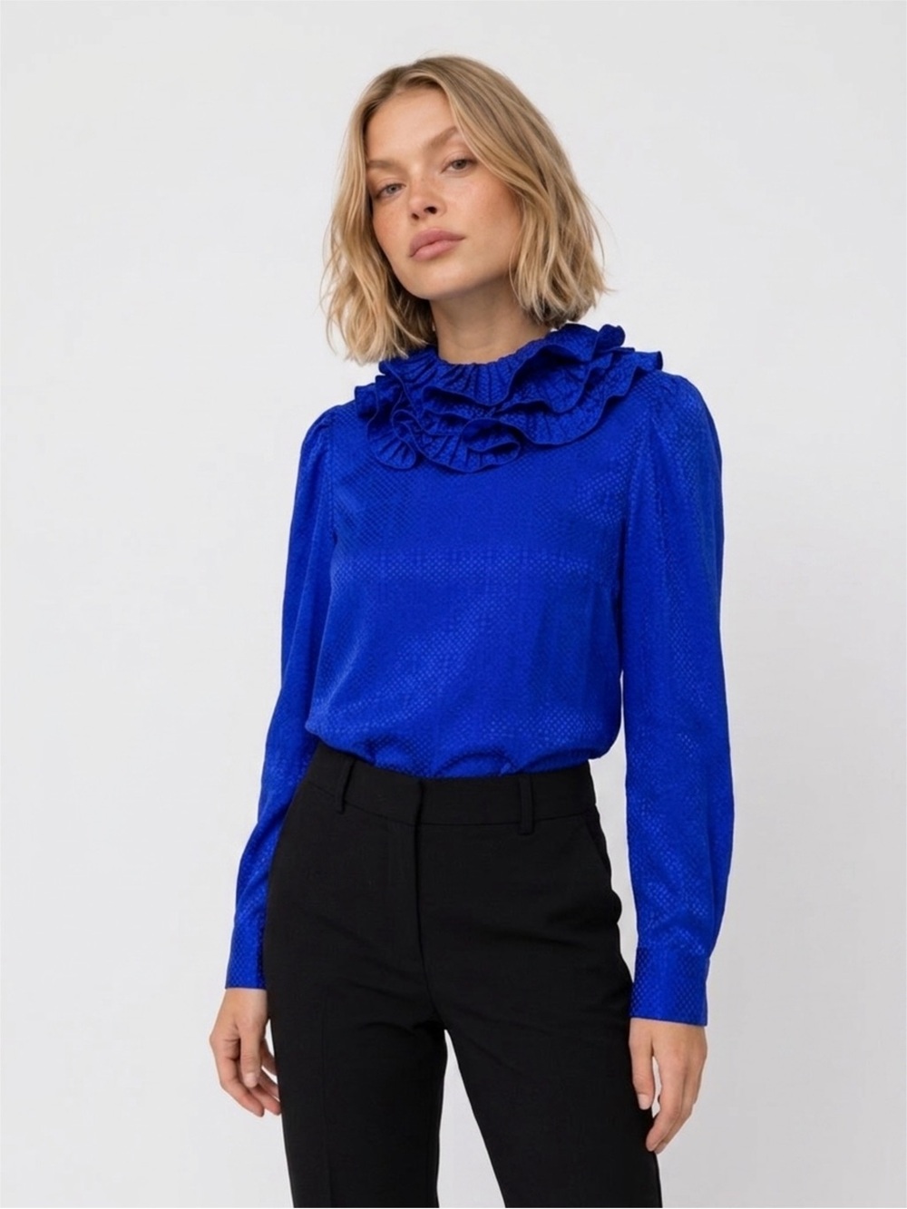 Ruffled High-Neck Long Sleeve Top in Royal Blue